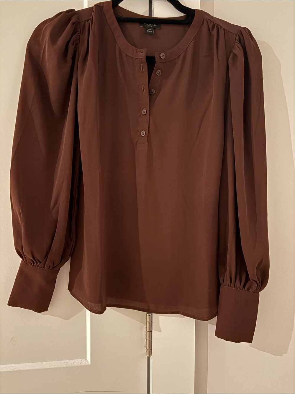 Ann Taylor Burgundy Puff-Sleeve Henley Blouse